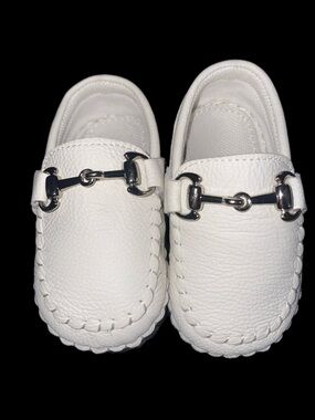 White Leather Baby Loafers with Silver Bit Detail